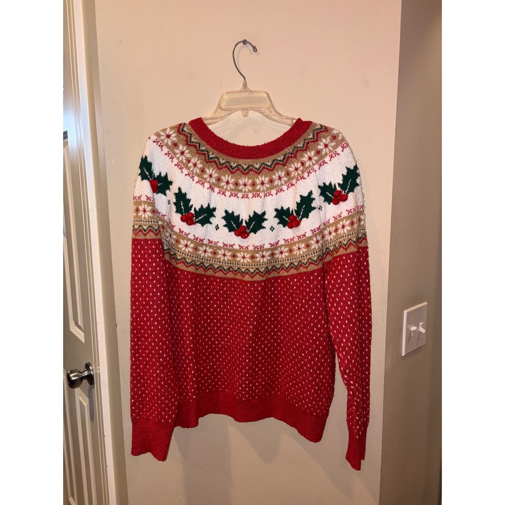 Holiday Time Red Fair Isle Holly Pom-Pom Christmas Sweater Womens L 12-14